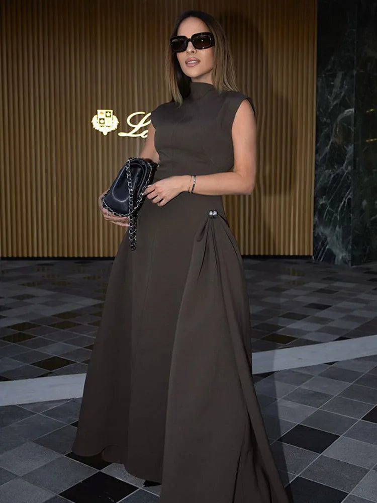 Amay Women Elegant Brown Irregular Collar High Waist Long Dress Fashion Sleeveless Retract Waist A-line Dresses Lady New Party Robe