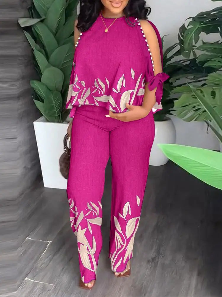 Maxy 2 Piece Sets Women Outfit 2024 Summer Elegant 3/4 Sleeve O-neck Polyester Top Casual Straight Pants African Clothes for Women