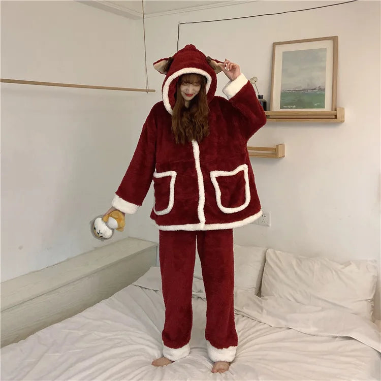 Winter Women Pajamas Christmas Red Reindeer Hooded Set Lounge Homewear Sleep Wear Warm Fluffy Comfy Cute Sweet Kawaii Pajama