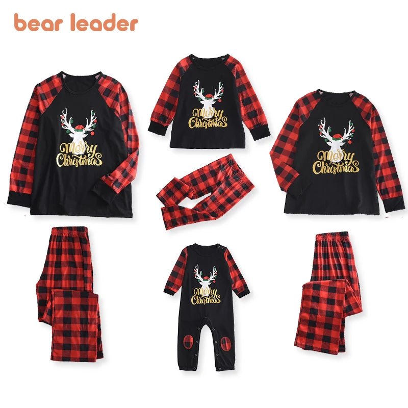 Maxy Bear Leader Christmas Father Mother Kids Clothes Top+Pants Family Matching Outfit Lattice Xmas Sleepwear Pj's Set Baby Romper