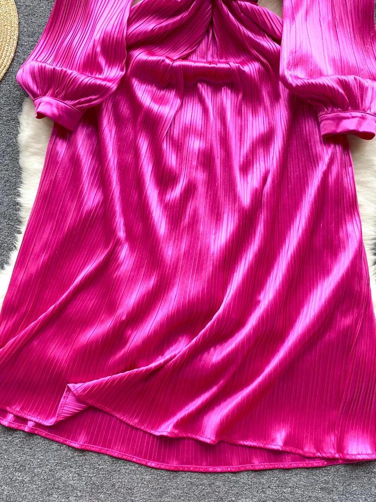 Maxy New Casual Spring Autumn Solid Slim Full Lady Dress A Line O Neck Chiffon Pullover Mid-Calf Women Dresses