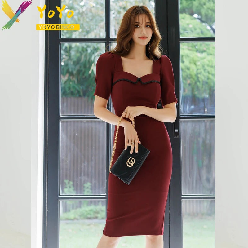 Maxy 2024 Summer Red Ruffle Edge Bubble Sleeves Square Neck Dresses Fashion Elegant Slim Bodycon Office Chic Work Wear Dress