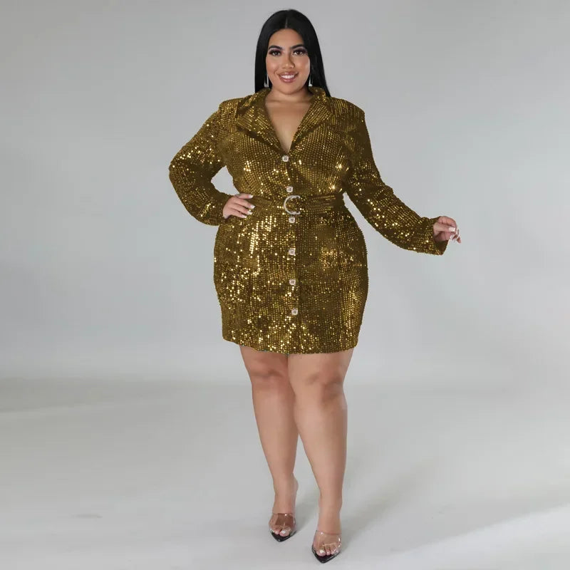 Maxy Sequin Green Evening Party Plus Size Dress for Women 5XL Spring Long Sleeve New Fashion Elegant Dress Large Size