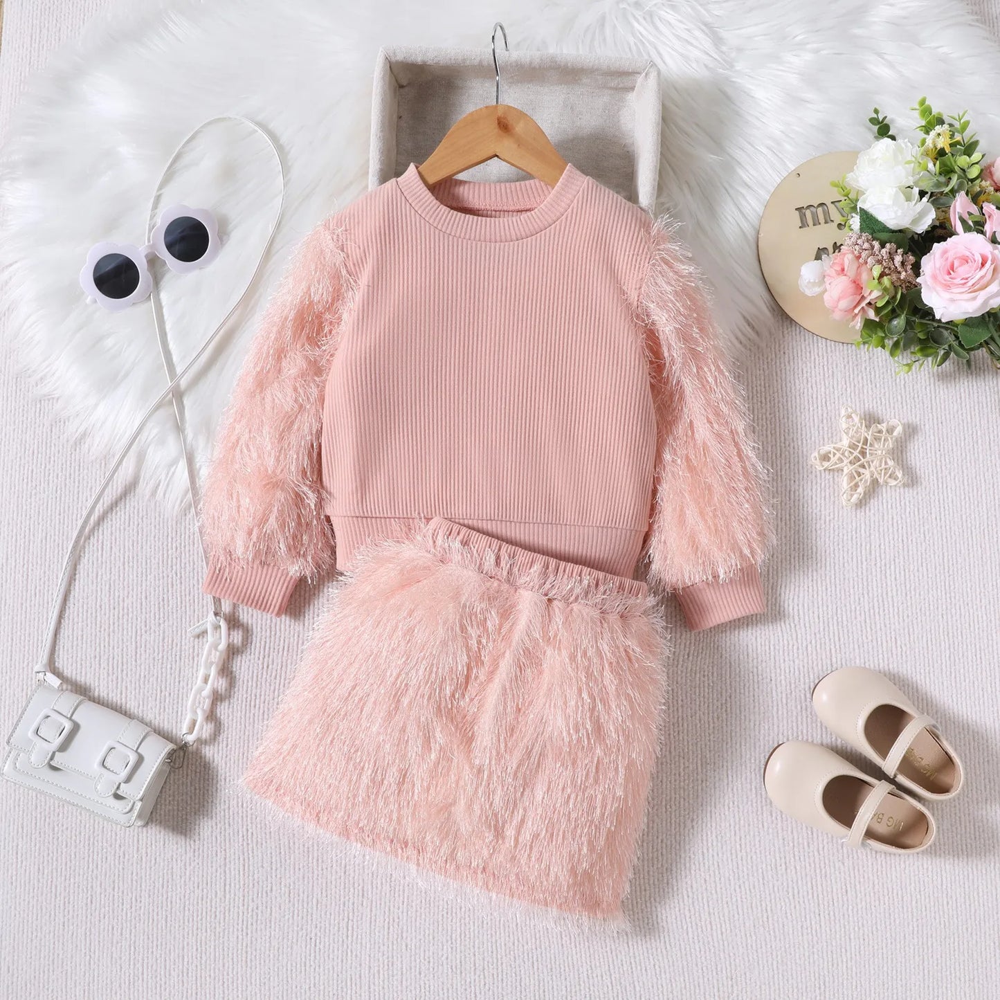 Maxy Autumn New Girls Plush Long-sleeved Spliced O Neck Pullover Top + Plush Skirt 2 Piece Set Casual Kids Cothes Age 3T-8T