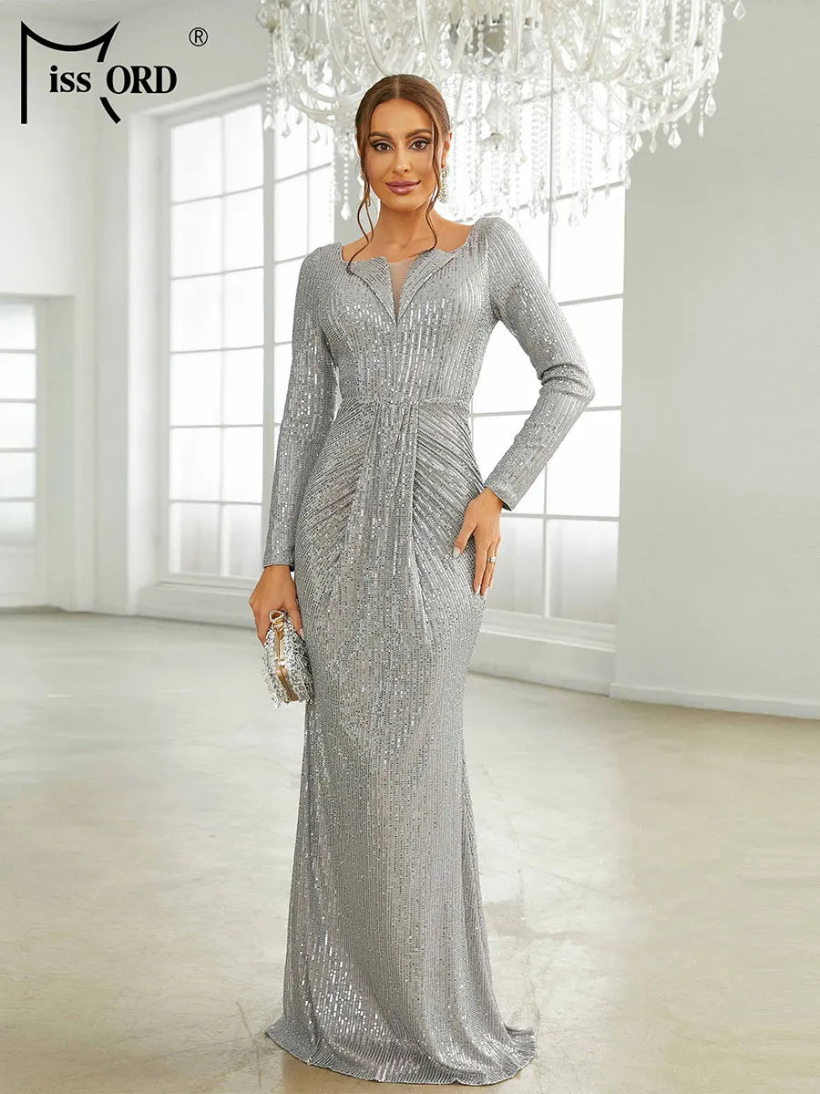 Maxy Grey Sequin Evening Dresses Women Elegant Long Sleeve Square Collar Ruched Bodycon Wedding Party Prom Dress Gown