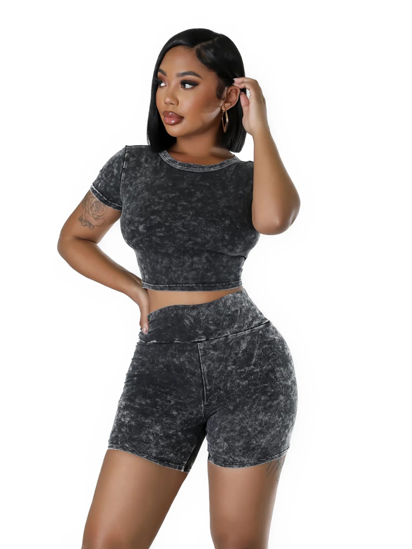 Maxy Acid Washed Women 2 Piece Set Fitness Short Sleeve Crop Top Skinny Biker Shorts Matching Set 2024 Summer New Fashion Tracksuits