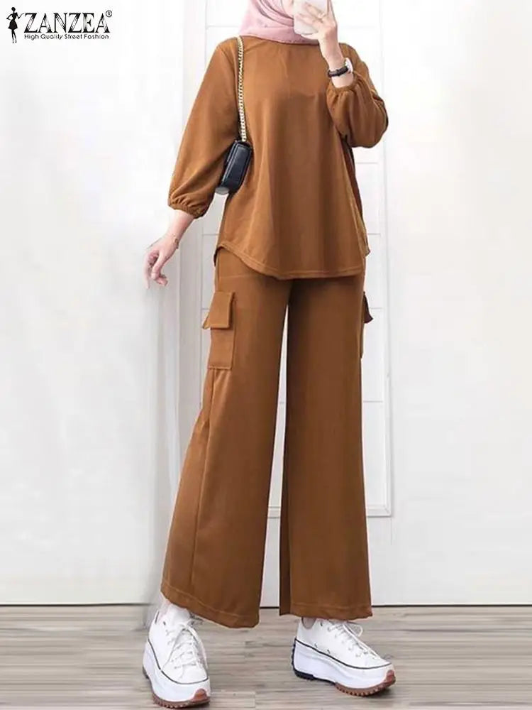 Maxy ZANZEA Two Piece Sets Summer Muslim Suit Women Casual Loose Matching Sets Turkey Duabi Tracksuits Islamic Clothing