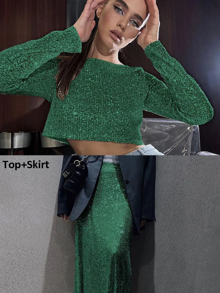 Maxy Autumn Sequin Dress Suit Sexy Club Party Women Crop Top+Long Skirt Elegant Two Piece Matching Set
