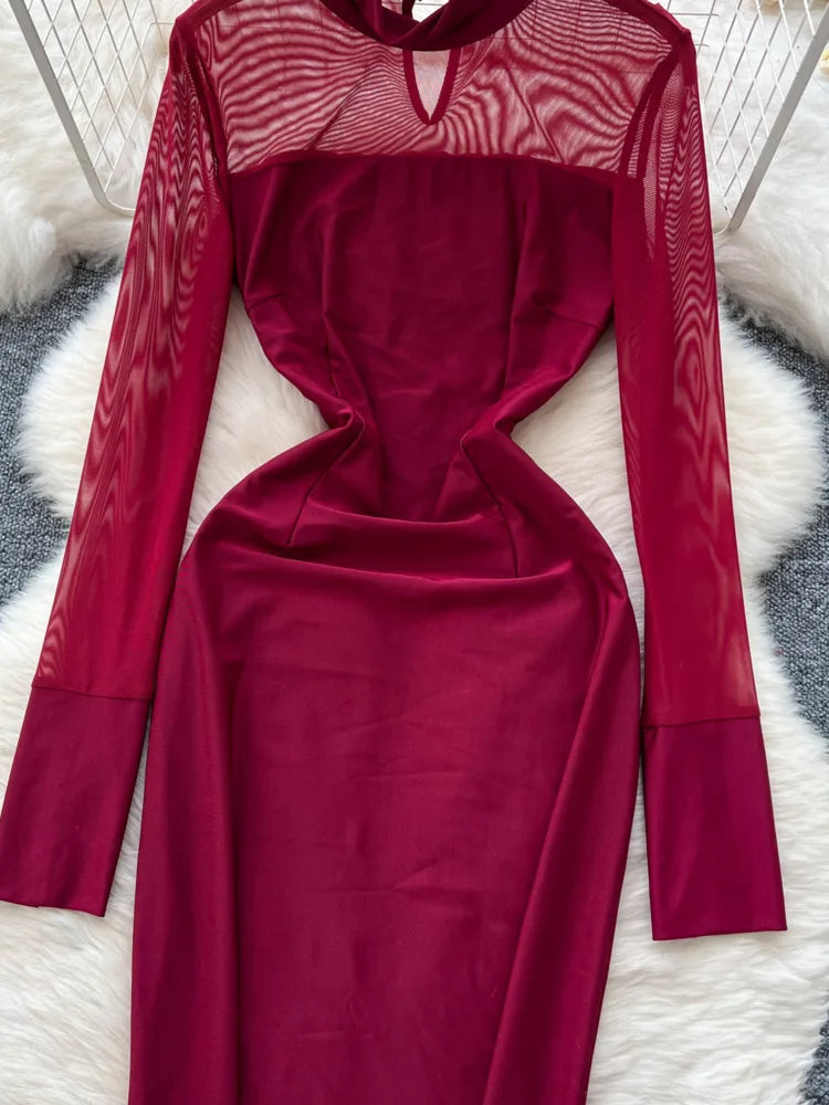 Amay Fashion Stand Collar Dress Women's Long Sleeves Hollow Out Gathered Waist Mesh Spliced Slim Dresses Autumn New 27X1903
