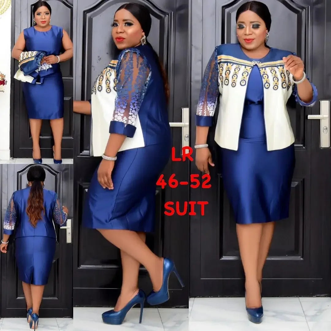 Maxy 2 Piece Set long Coat and Dress Christmas African Midi Dresses Women Bazin Riche African Clothing Dresses Africa Clothes