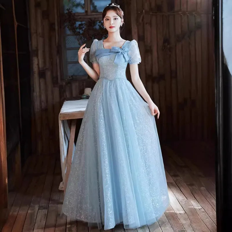 Maxy New Women's Summer Blue Bow Purple Evening Dress Fashionable Slimming Student Graduation Art Exam Walking Dress