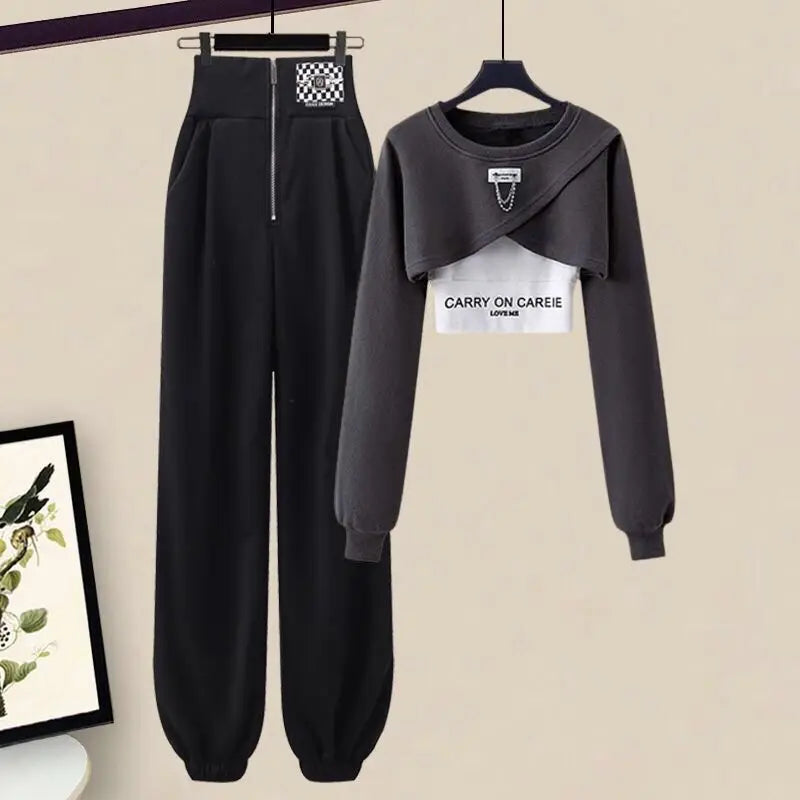 Maxy Korean Elegant Sportswear Suit Women's Spring Autumn Fashion Short Sweater+Suspenders+Pants Three Piece Female Tracksuit Set