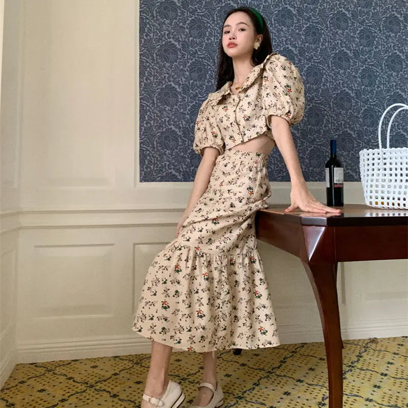 Maxy Vintage Floral Two Piece Set Women Elegant Cropped Top Slim A-line Long Skirt Sets Female Casual Sweet Printing Party Skirt Set