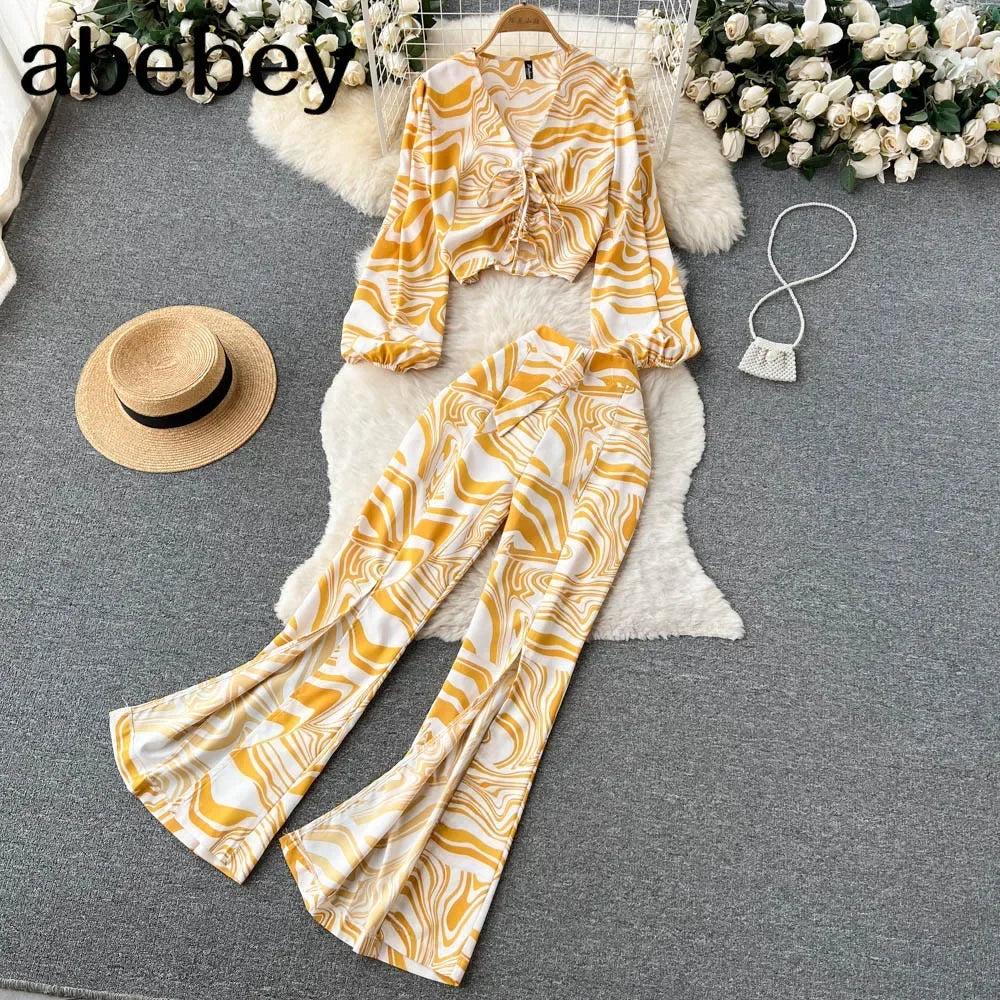 Maxy Summer Women Floral Printed Two Piece Set Sexy V Neck Lantern Sleeve Short Tops + Wide Leg Pants Suit Vacation Beach New