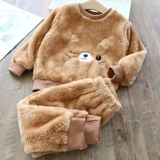 Babs Boy Girl Clothes Pajamas Set Flannel Fleece Toddler Child Warm Catoon Bear Sleepwear Kids Home Suit Winter Fall Spring 1-8Y