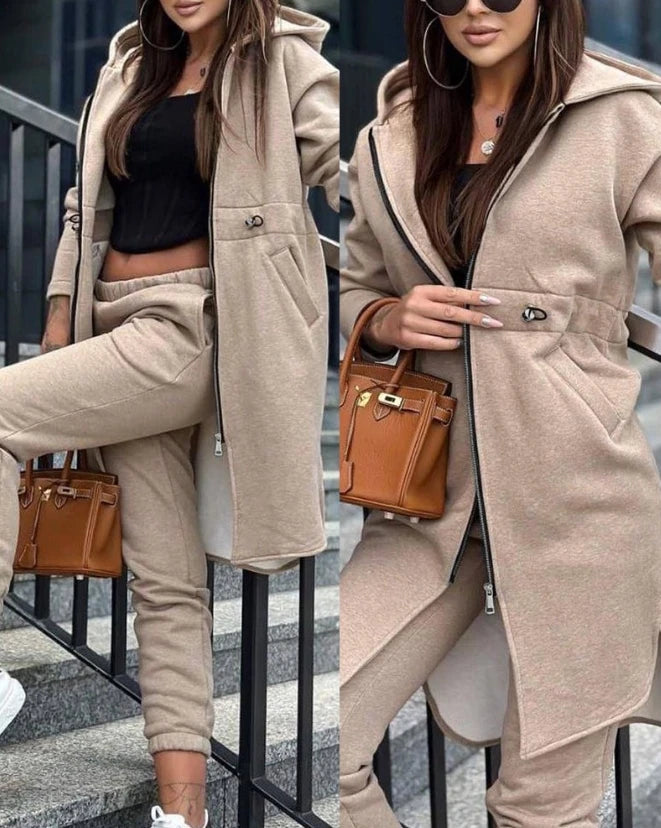 Maxy Women's Sweatpants Sets New Autumn/winter Fashion Zipper Design Longline Hooded Coat & Casual Cuffed Pants Two Piece Suit