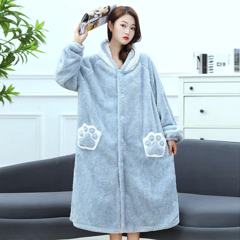 Babs Cute Pink Rabbit Cosplay Sleepwear Flannel Nightgown Cartoon Soft Pajamas Nightdress Plush Hooded Bathrobes Home wear Loungewear