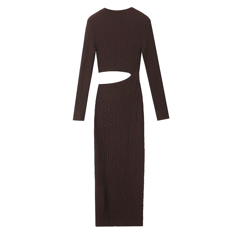 Maxy Autumn New Product Women's Wear Design Waist Open Design Texture Long Sleeve Stand up Collar Dress