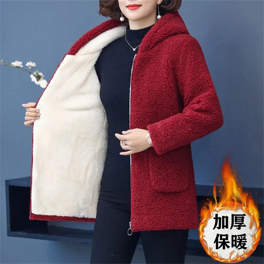 Maxy Mother Winter Coat Hooded Middle-Aged Women's Clothing Velvet Thick Polar Fleece Wool Jacket Cotton-Padded Jacket Women Elegant