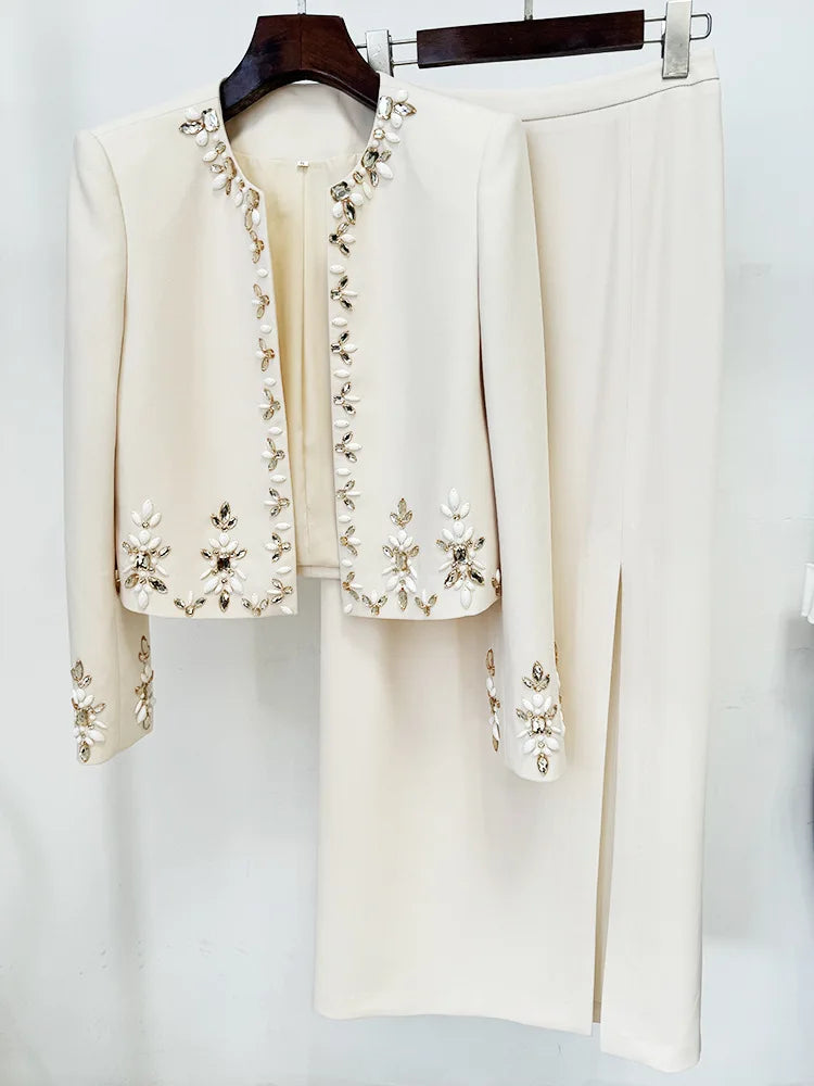 Maxy Luxury Beading Crystal Cardigan Jacket Coats Long Pencil Skirts For Women Two-piece Set Party Evening Vestidos Work Wear Office