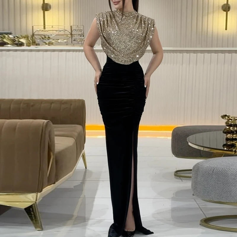 Maxy Lady Fashion Sleeveless Draped Split Dress Casual O Neck Sequin Splicing Party Dress New Year Elegant High Waist Long Dress