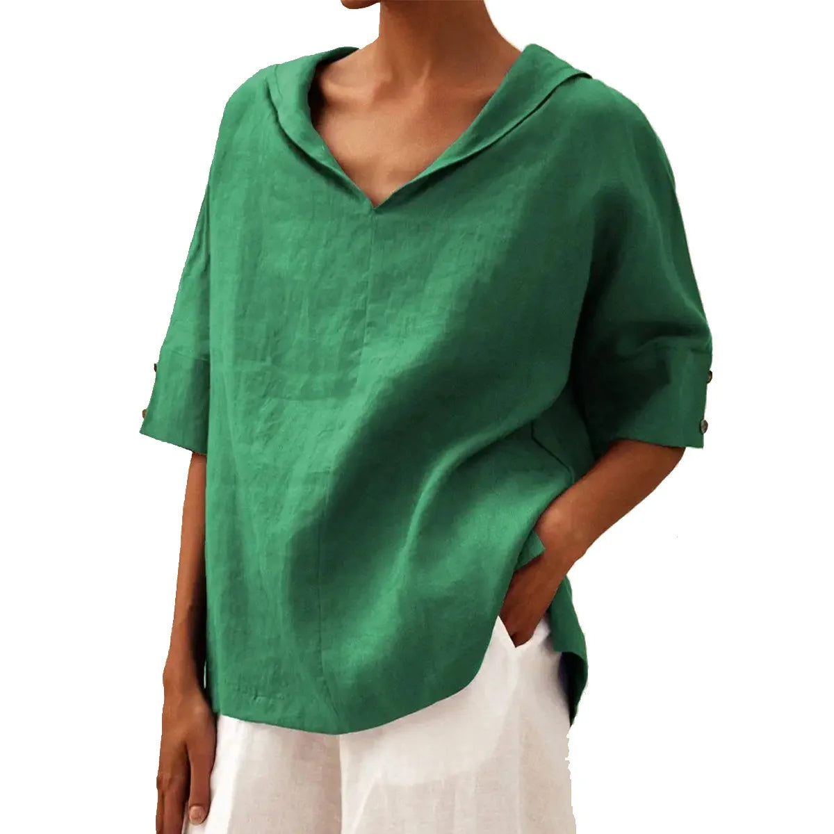 Maxy Women's Loose V-Neck Cotton Linen Shirt, Casual Elegant Summer Blouse Office Wear