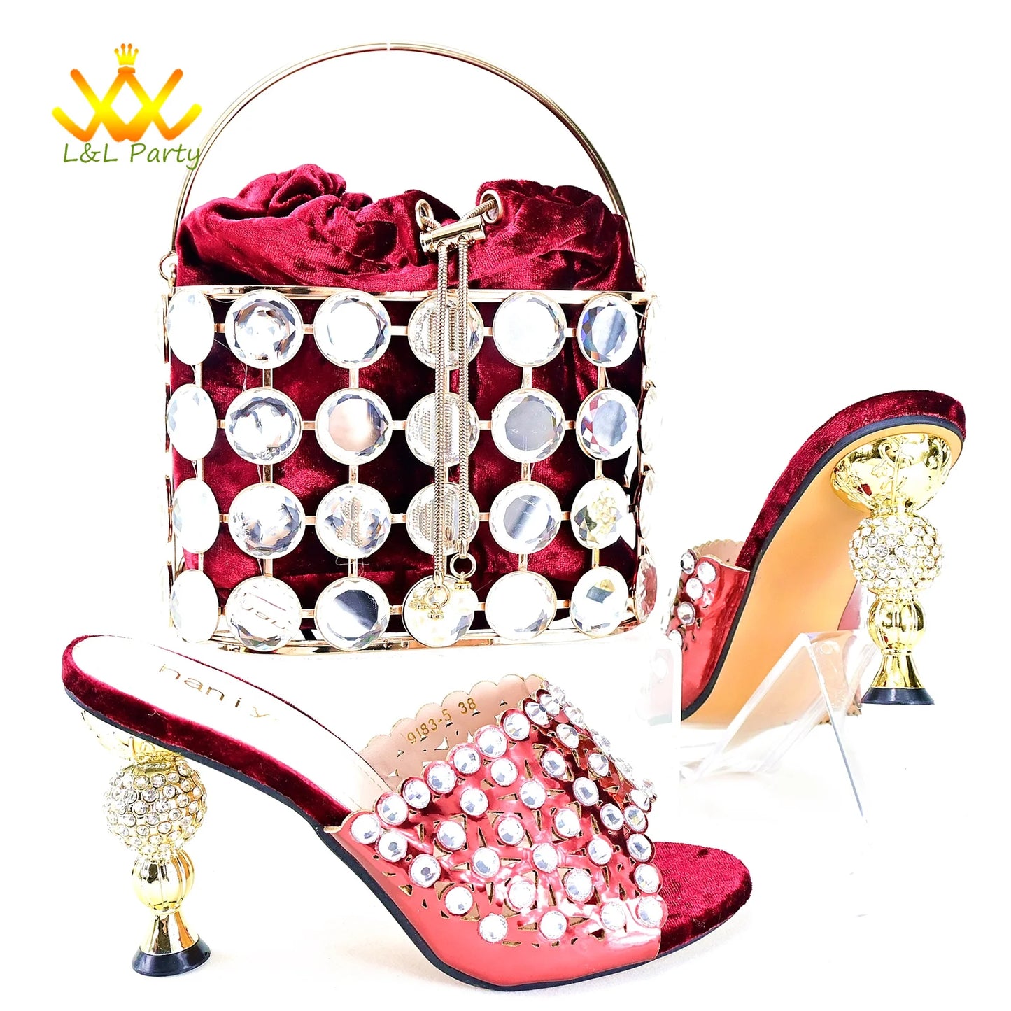 Maxy Gold Specials Heels with Crystal High Quality New Arrivals Spring Women Shoes and Bag Set for Wedding