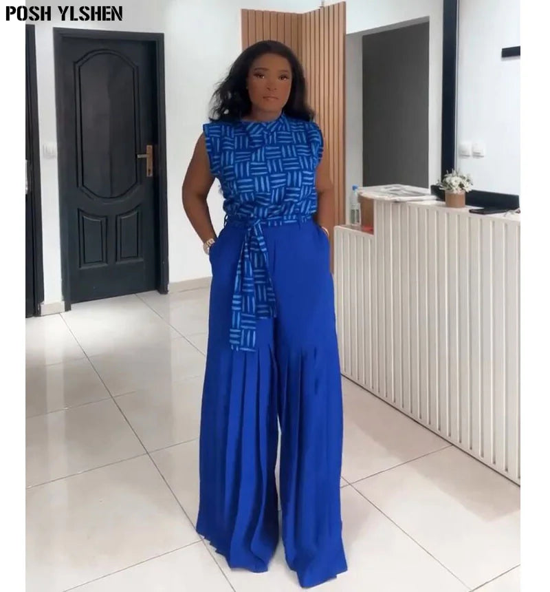 Maxy Pleated Pants Two Piece Set Clothes for Women African Dresses Vacation Outfits Summer Dashiki Ankara Turkey Suit Plus Size