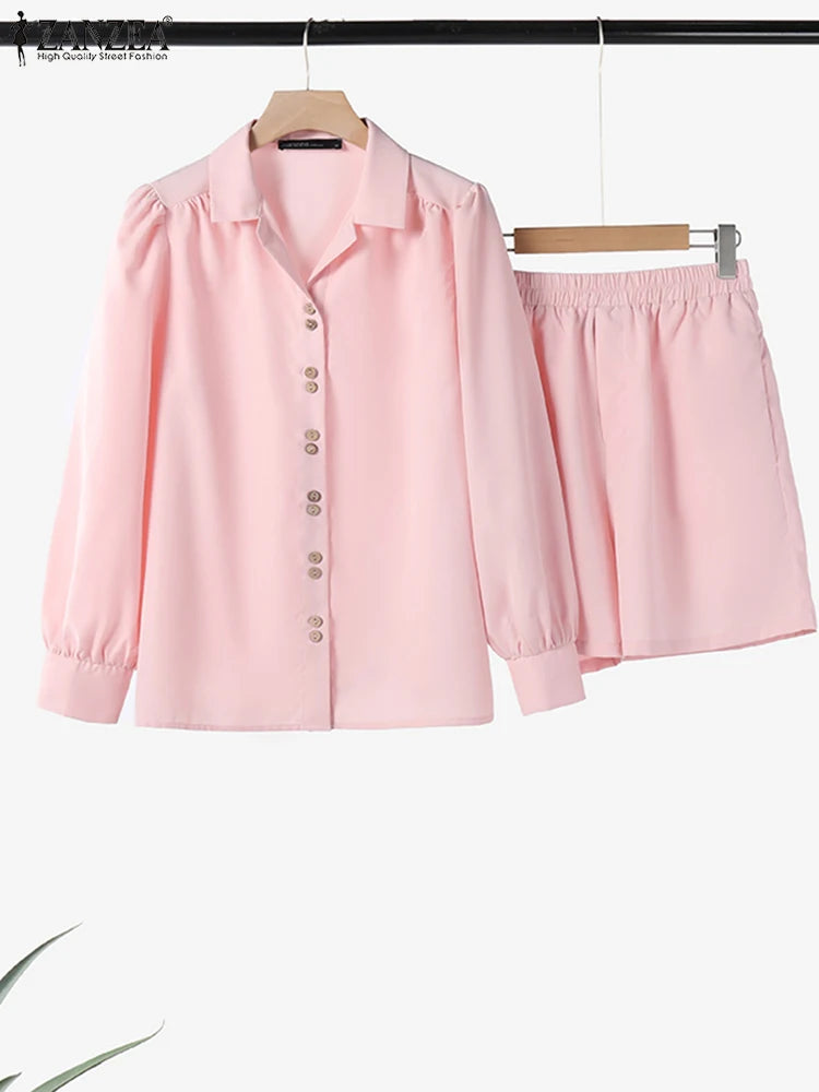 Maxy Women Shorts Sets ZANZEA Elegant Long Sleeve Shirt Pant Suit Spring 2PCS Outfits Casual Loose Matching Set Summer Tracksuit