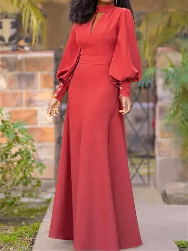 Maxy New Spring Women's Party Evening Maxy Dresses Puff Sleeves Buttoned Stand collar Hollow Elegant Red Banquet Dress