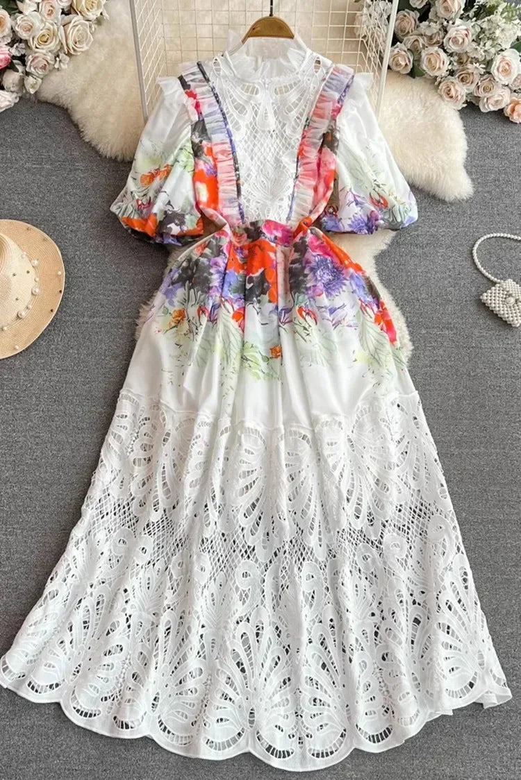 Maxy Retro Palace Style Bubble Short Sleeve Stand Collar Slim A-Line Dress Women Water Soluble Hook Floral Hollowed-Out Lace Dresses