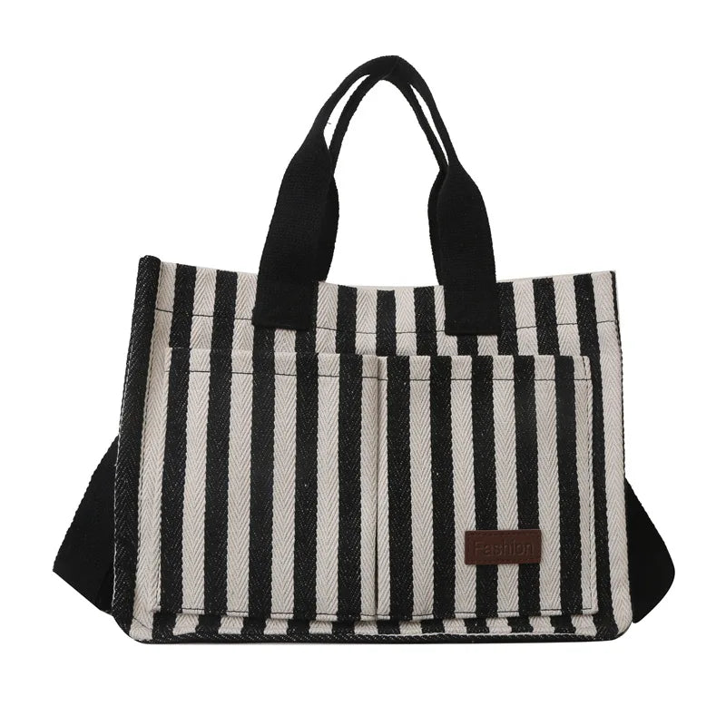 Maxy Cool Street Handbag, Large Capacity Women's Shoulder Bag, Trendy Striped Canvas Crossbody Bag, Fashion Travel Shopping Tote Bag
