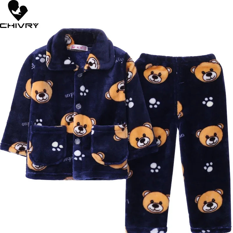 New Kids Max Pajama Sets Boys Girls Autumn Winter Thicken Warm Home Wear Cartoon Lapel Long Sleeve Sleeping Clothing Sets