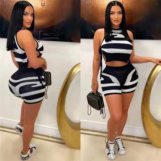 Maxy Striped Printing Two Piece Set Women Party Birthday Outfits Sportwear Side Lace-up Crop Top and Shorts Casual Fitness Tracksuit