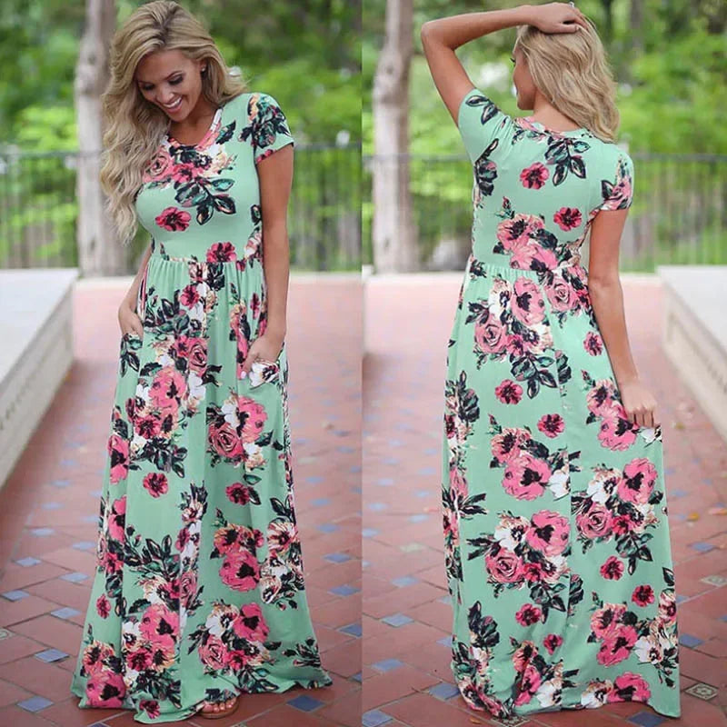 Maxy Women Summer Long Dress Floral Print Boho Beach Dress Ladies White Maxi Evening Party Dress Sundress