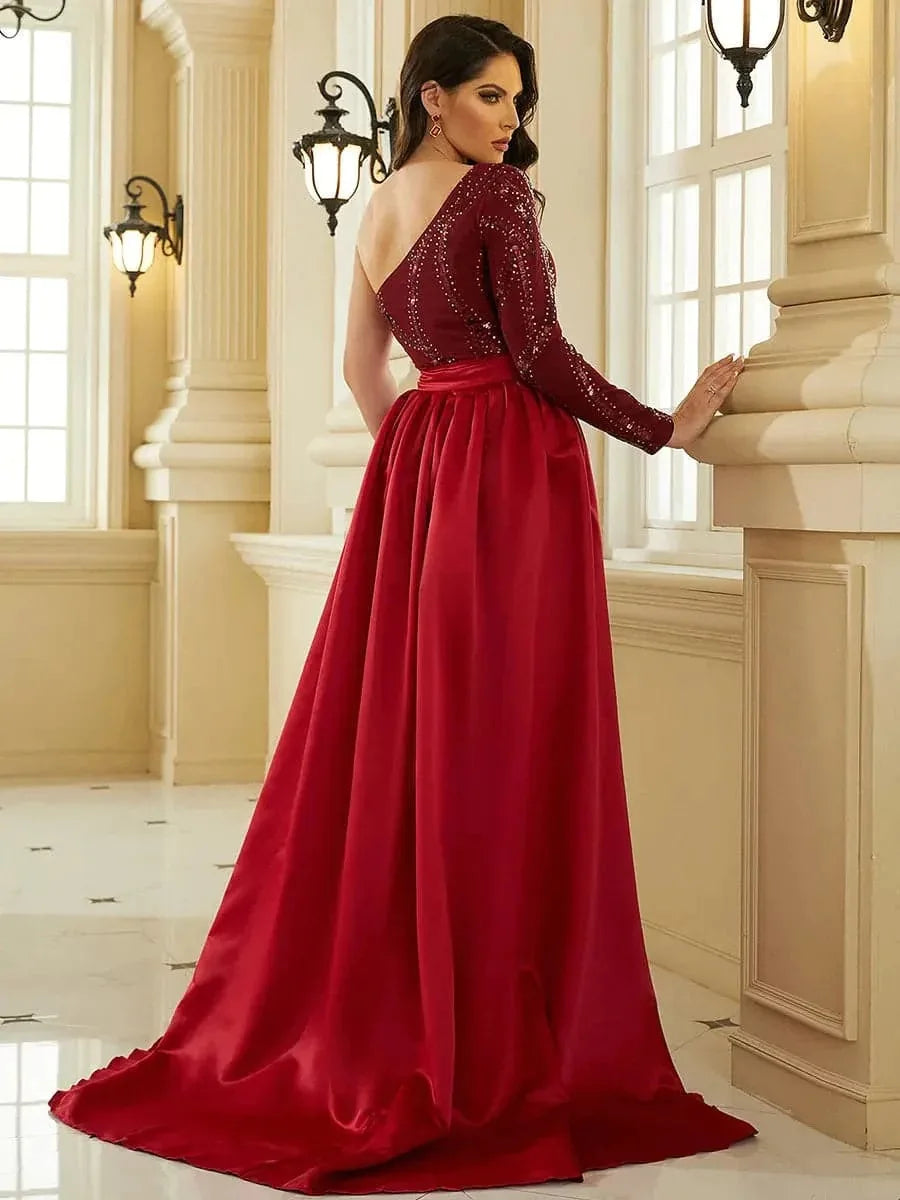 Maxy Delicate One Shoulder Sequins Evening Party Dress for Women Elegant Long Sleeve Open Back Host Prom Swing Dress Floor Length