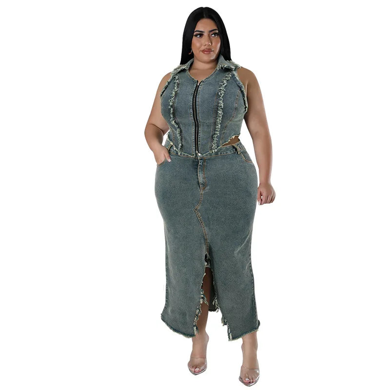 Maxy 2 Piece Set Women Spring Summer Plus Size Denim Sleeveless Tops And Skirts Suits Mujer Matching Sets Jacket Outfit