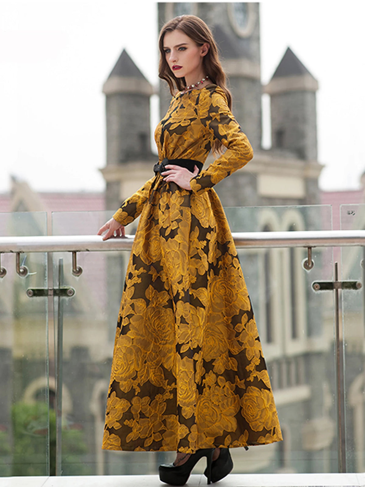 Maxy Elegant Women Floral Long Dress Jacquard Evening Party Boho Fall Winter Vintage Dress Ladies A-Line Robe