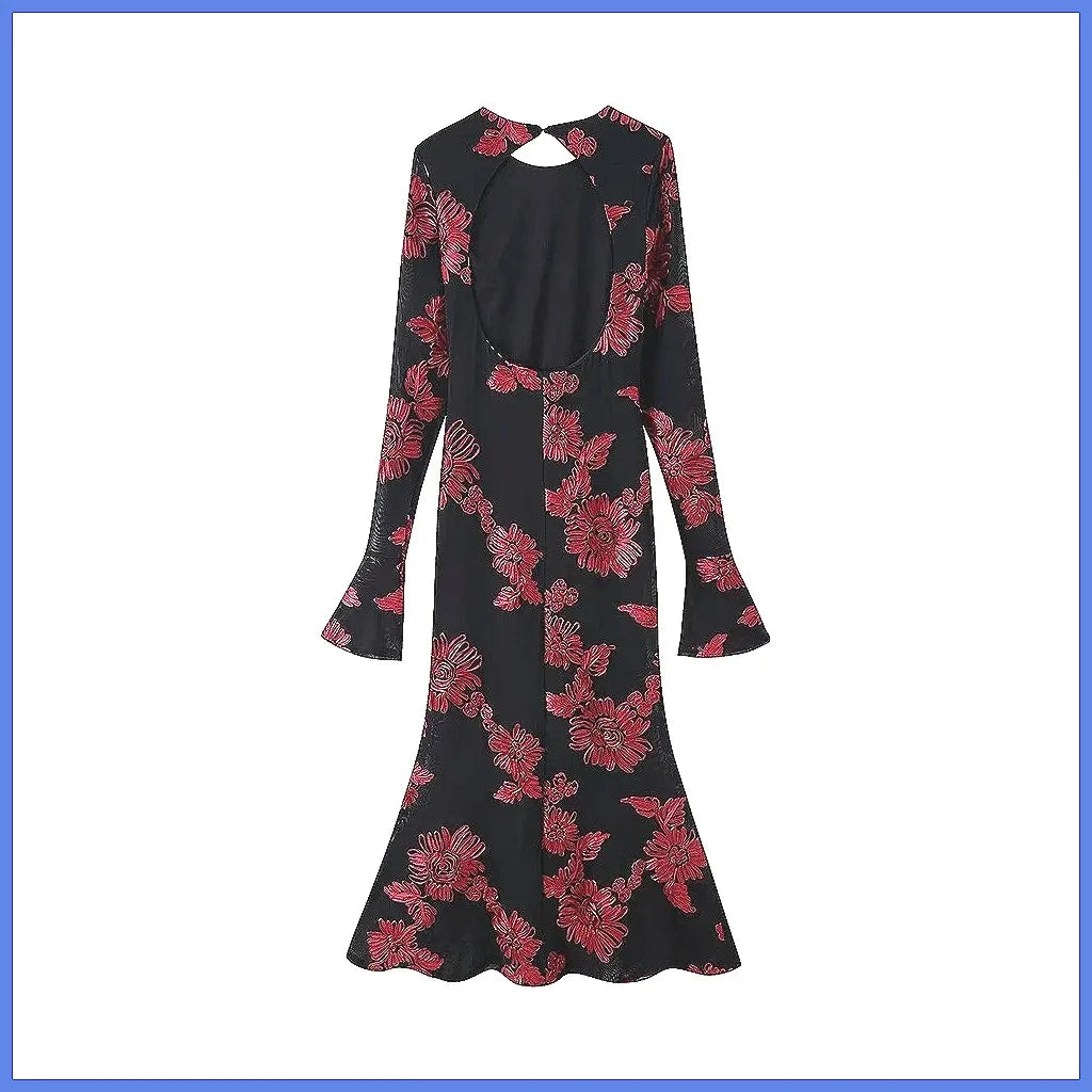 Elegant Backless Jacquard Evening Dress Long Sleeve Women's Party Gown