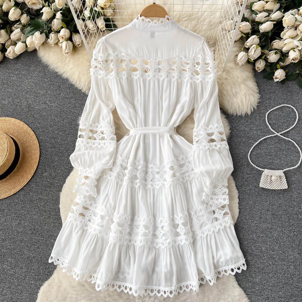 Maxy New style boho style standing collar hollowed out single breasted dress spring wear, women's lace up and hollowed out dress