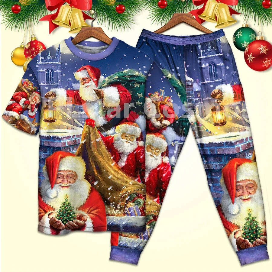 Christmas Funny Santa Claus Up On Rooftop Art Style - Pajamas Short Sleeve 3D All Over Printed Kids Pajamas Cosplay Clothes