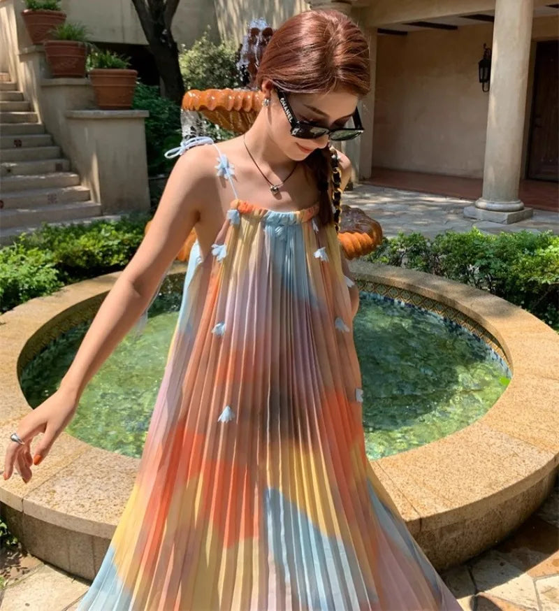 Maxy Colorful Tie Dye Women Dress Bodycon Pleated Sleeveless Holiday Part Women Clothing Spaghetti Strapped Rainbow dress