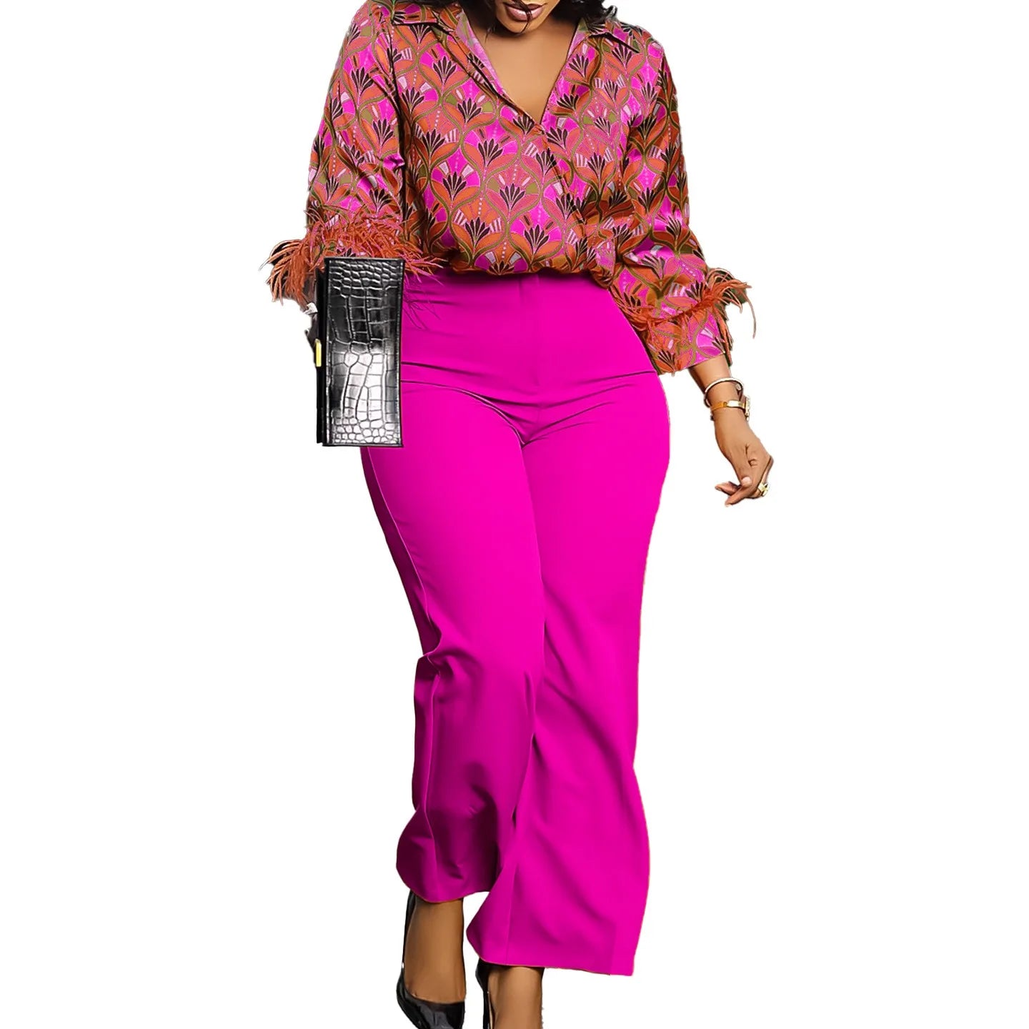 Maxy L-3XL Plus Size Two Piece Sets for Women Clothing Fashion Printing Shirts and Wide Leg Pants Fall Winter African Outfits