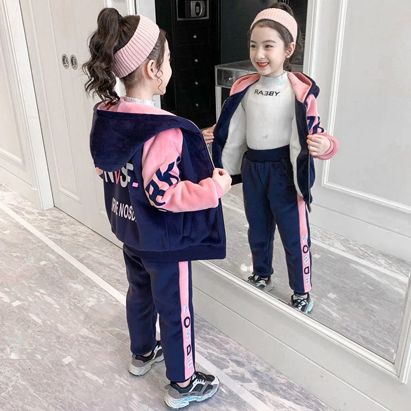 Babs Girls Suit Coat Pants Cotton 2Pcs/Sets Velvet Thicken Spring Winter Sports Sets Tracksuit Uniforms Children Clothing