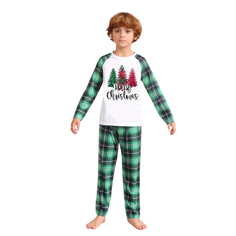 Maxy Christmas Matching Pajamas Christmas Tree Print Long Sleeve Shirt and Elastic Plaid Pants Set Loungewear Soft Sleepwear