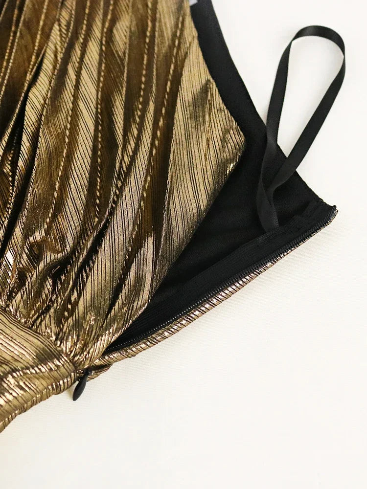 Amay Women Even Dresses Luxury Maxi Long Metallic Pleated Dress One Shoulder Sleeveless Premium Shiny Shimmer Gowns Big Size