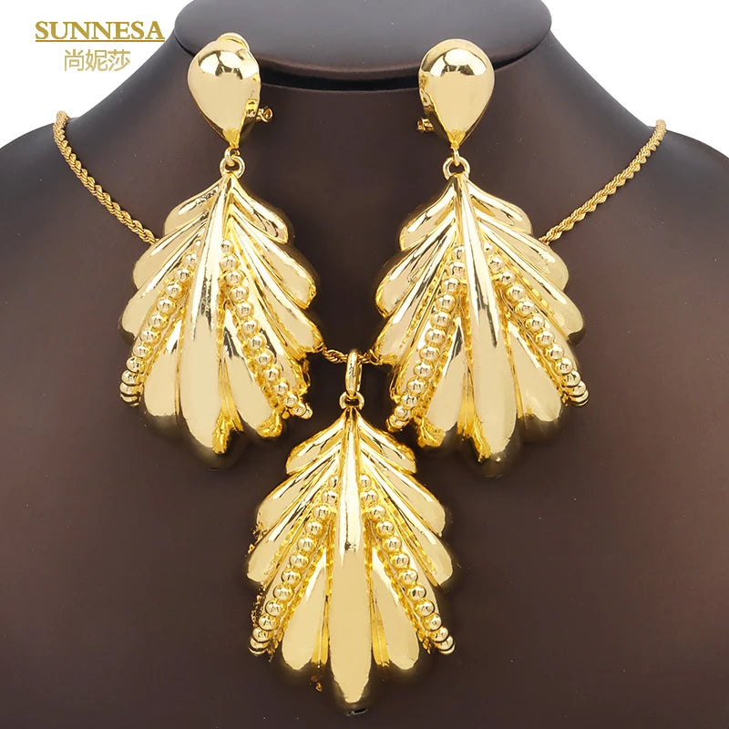 SUNNESA Leaf Shape Big Pendant Necklace Luxury Dubai Jewelry Set for Women Wedding 18k Gold Plated African Drop Earrings