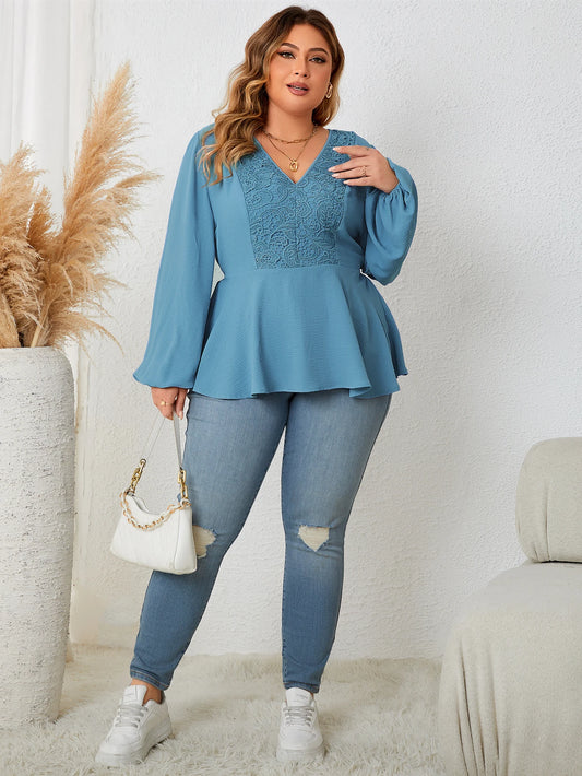 Amay Plus Size V Neck Contrast Lace Women's Top Fashion Vintage Full Lantern Sleeve Elegant Peplum Blouse Autumn New