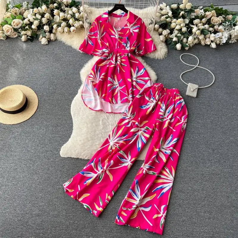 Maxy Fashion Floral Two Piece Set For Women Print Short Sleeve Lapel Tops+High Waist Wide Leg Pants 2 Pieces Sets Summer Suit