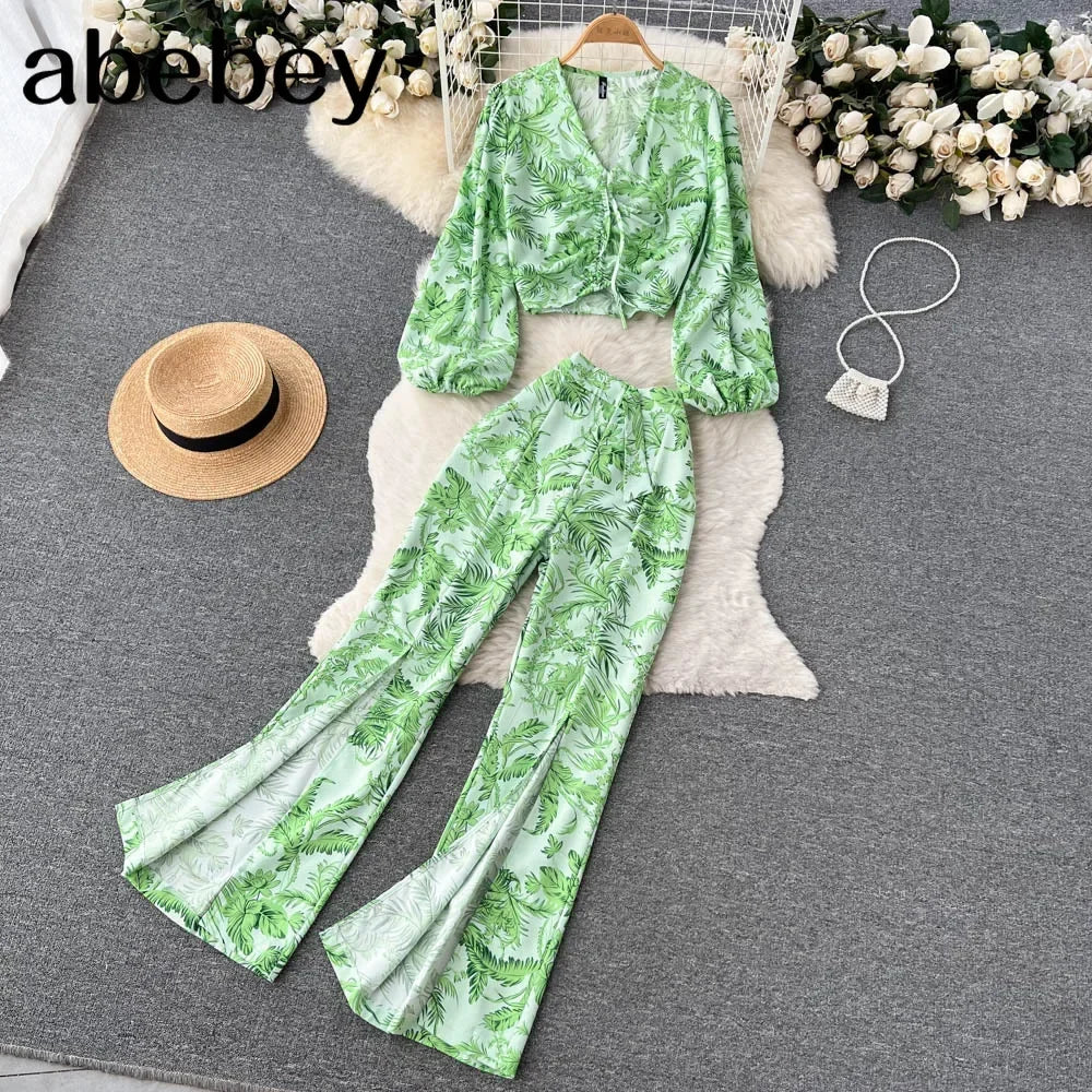 Maxy Summer Women Floral Printed Two Piece Set Sexy V Neck Lantern Sleeve Short Tops + Wide Leg Pants Suit Vacation Beach New